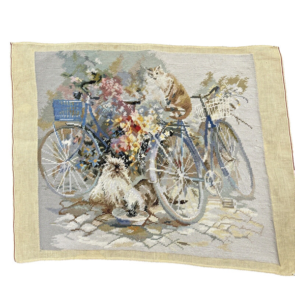 Vintage Needlepoint Canvas Completed Cats And Bicycles Handmade Art 22" x 28" - Picture 2 of 8